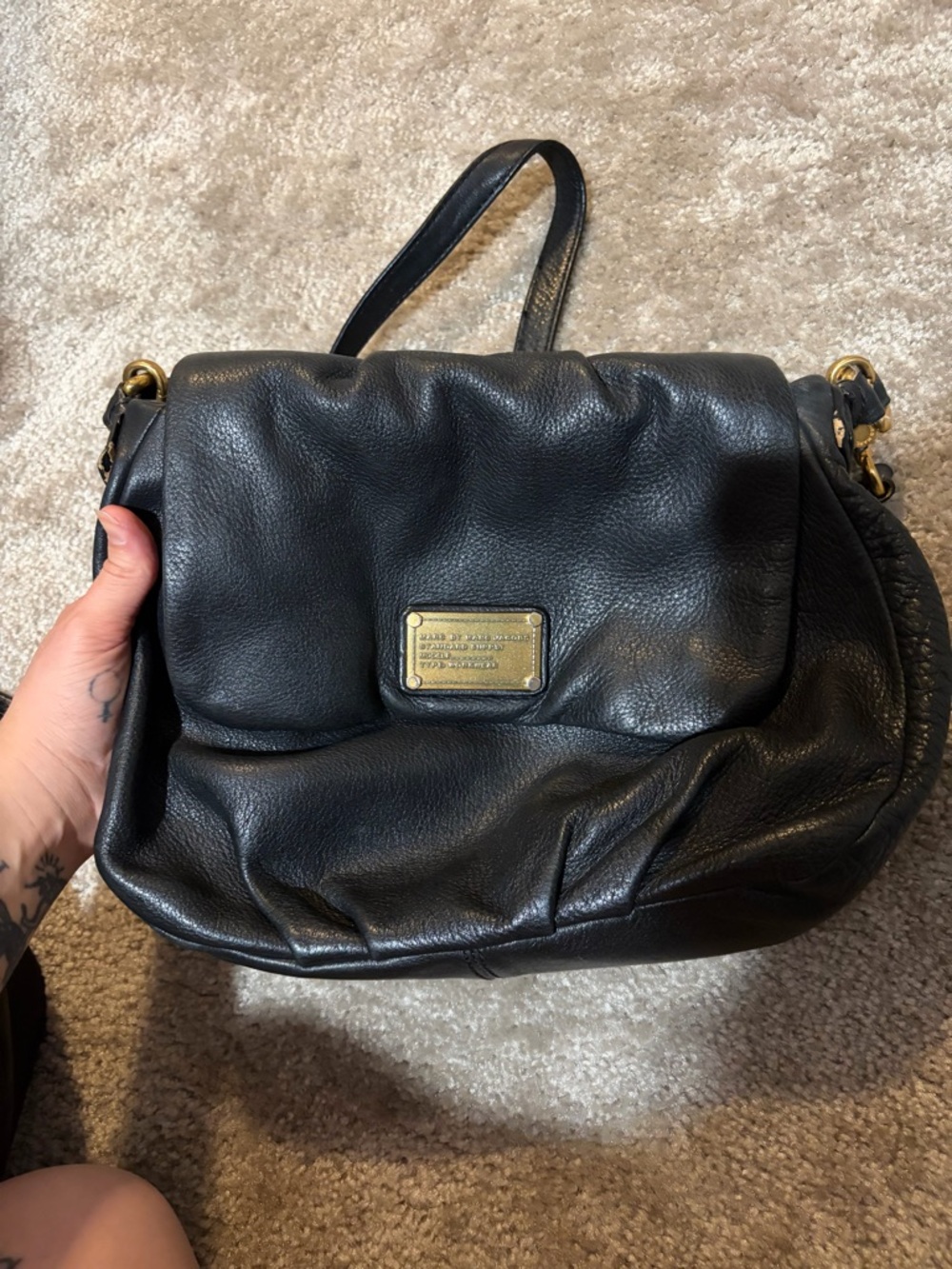 Marc by Marc Jacobs Black Leather Shoulder Bag with Brass Plaque
